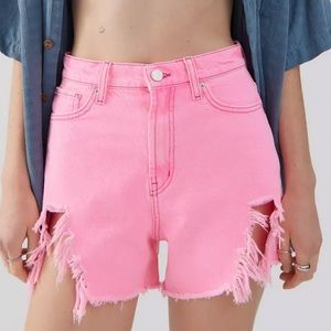 BDG | bright pink distressed denim shorts